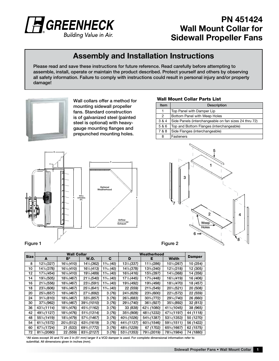 Greenheck Wall Mounted Collar for Sidewall Propellar Fans User Manual | 4 pages