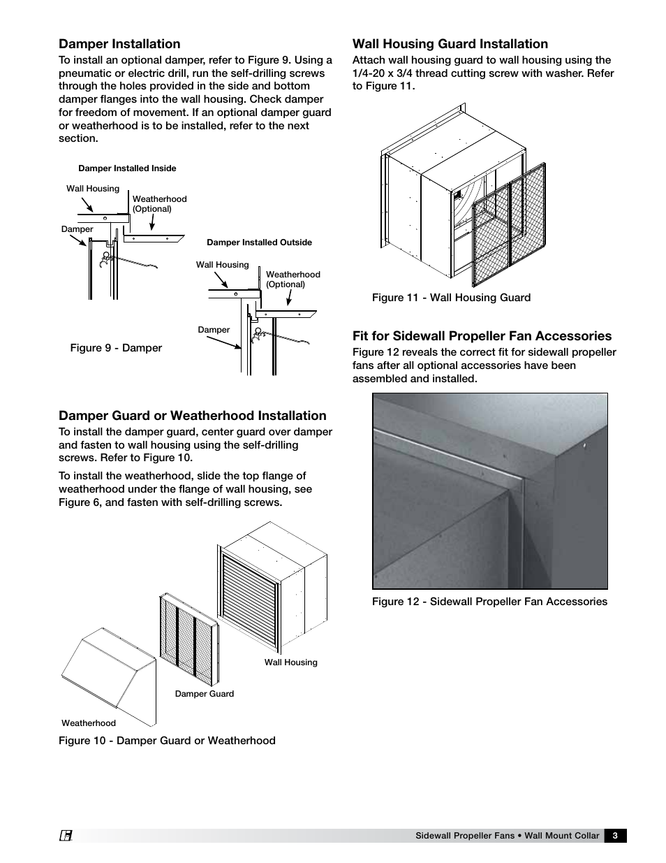 Damper installation, Damper guard or weatherhood installation, Wall housing guard installation | Fit for sidewall propeller fan accessories | Greenheck Wall Mounted Collar for Sidewall Propellar Fans User Manual | Page 3 / 4