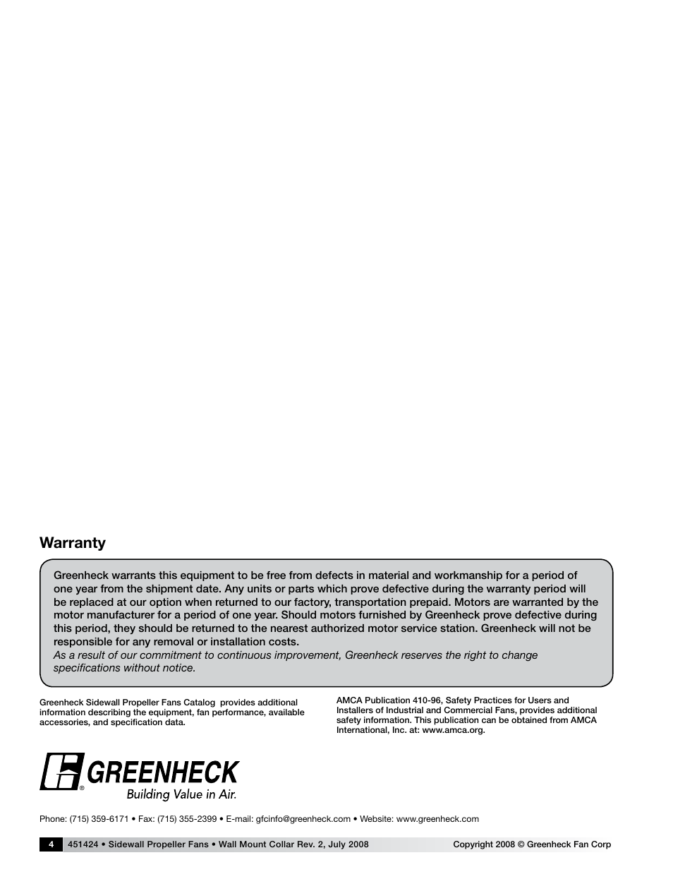 Warranty | Greenheck Wall Mounted Collar for Sidewall Propellar Fans User Manual | Page 4 / 4