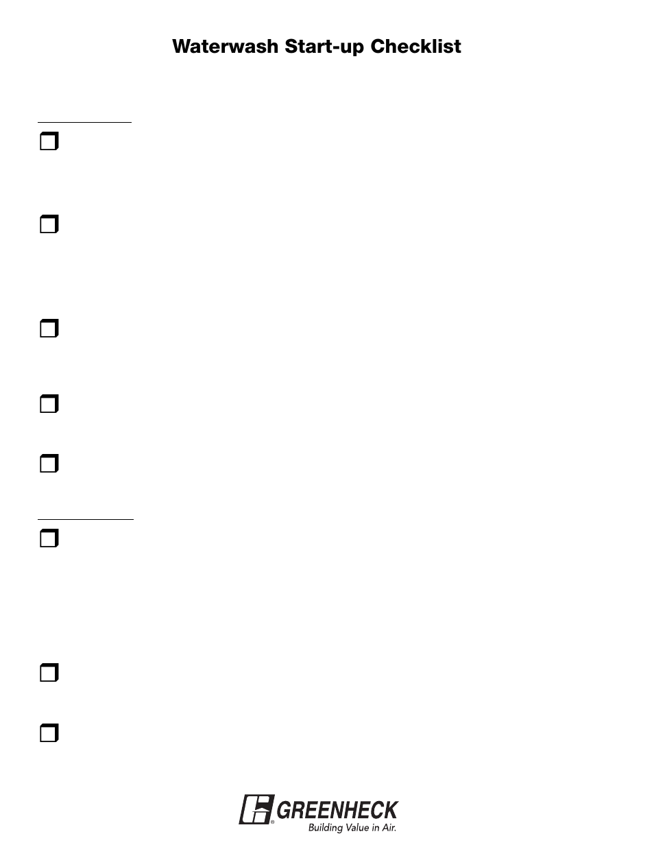 Waterwash start-up checklist, Hook-up plumbing connected, Electrical connected | Detergent, Timer, 24 hour / 7 day (optional), Off mode, Start-up cooking mode, Stop mode, Wash mode | Greenheck Waterwash (458292) User Manual | Page 52 / 56