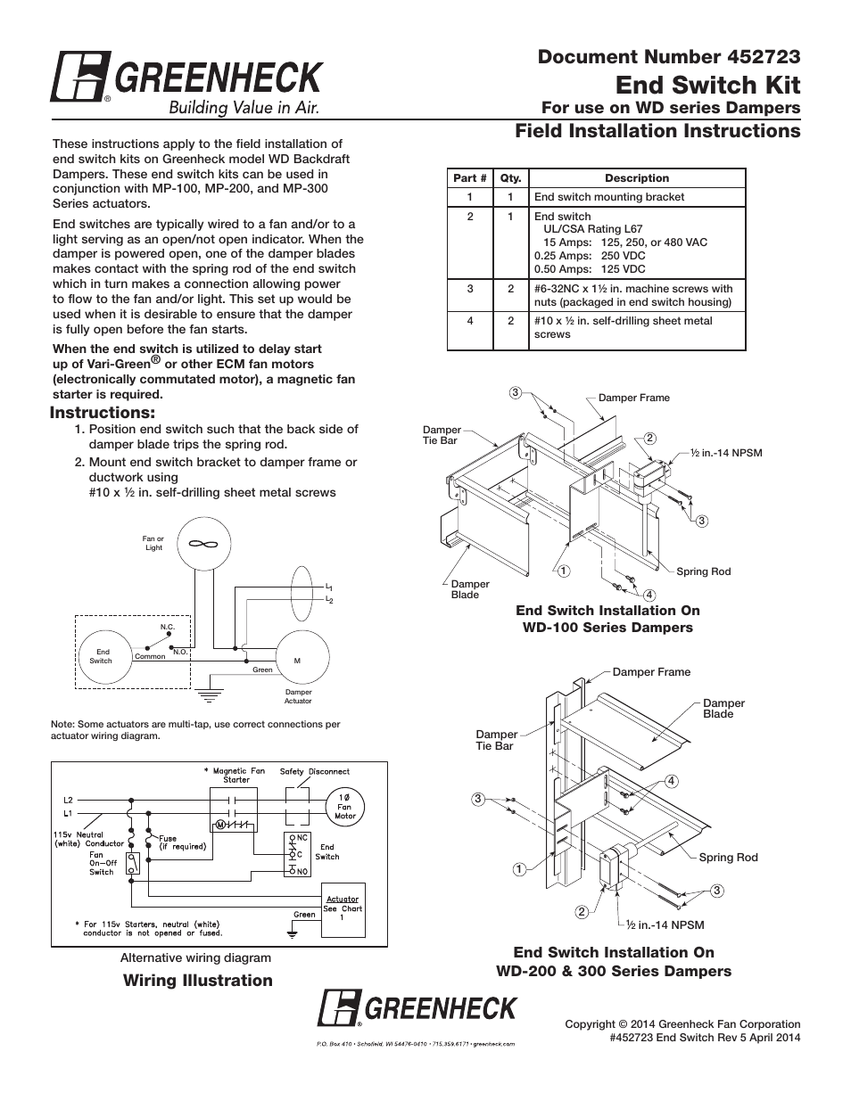 Greenheck WD Series - End Switch Kit (452723) User Manual | 1 page