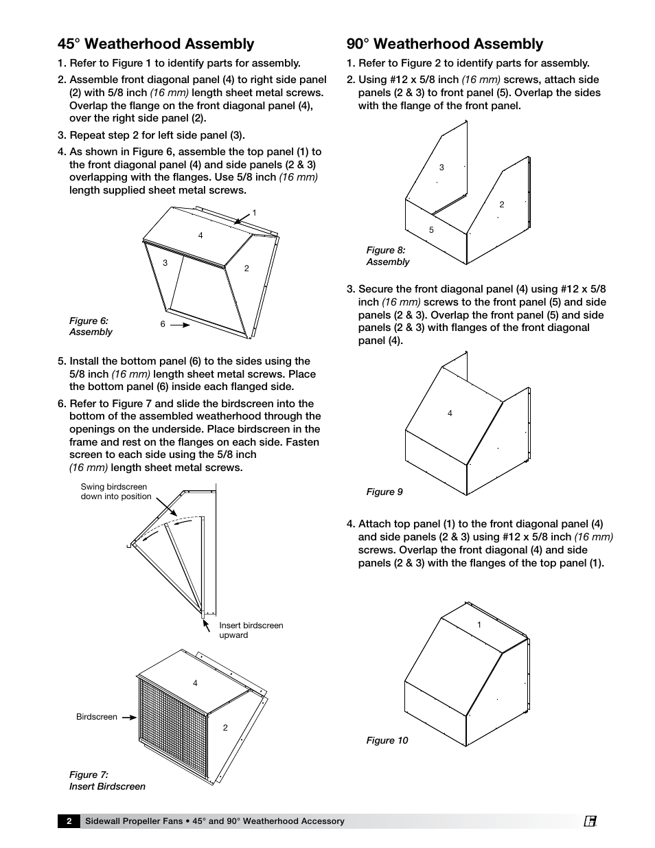 45° weatherhood assembly, 90° weatherhood assembly | Greenheck Weatherhood (472040) User Manual | Page 2 / 6