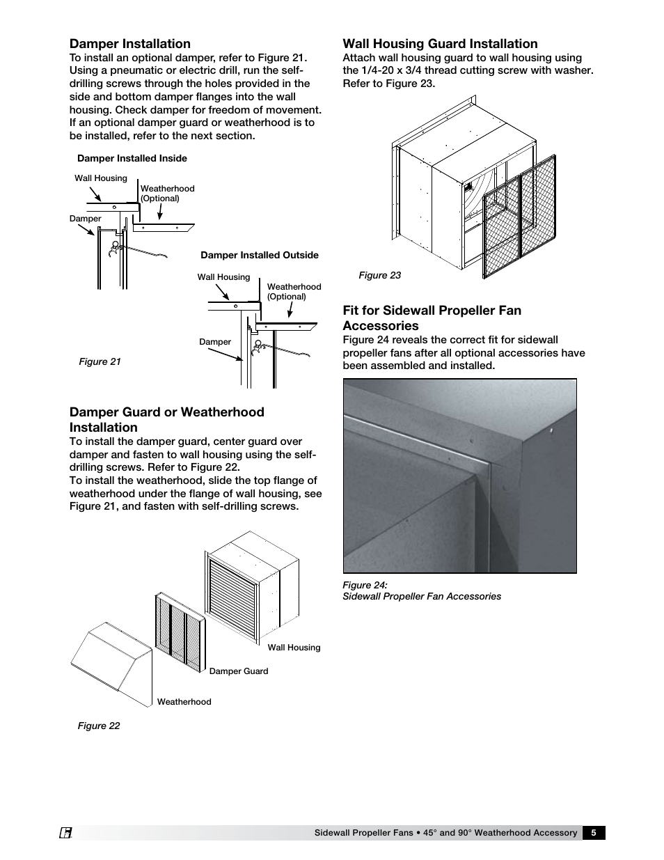 Damper installation, Damper guard or weatherhood installation, Wall housing guard installation | Fit for sidewall propeller fan accessories | Greenheck Weatherhood (472040) User Manual | Page 5 / 6