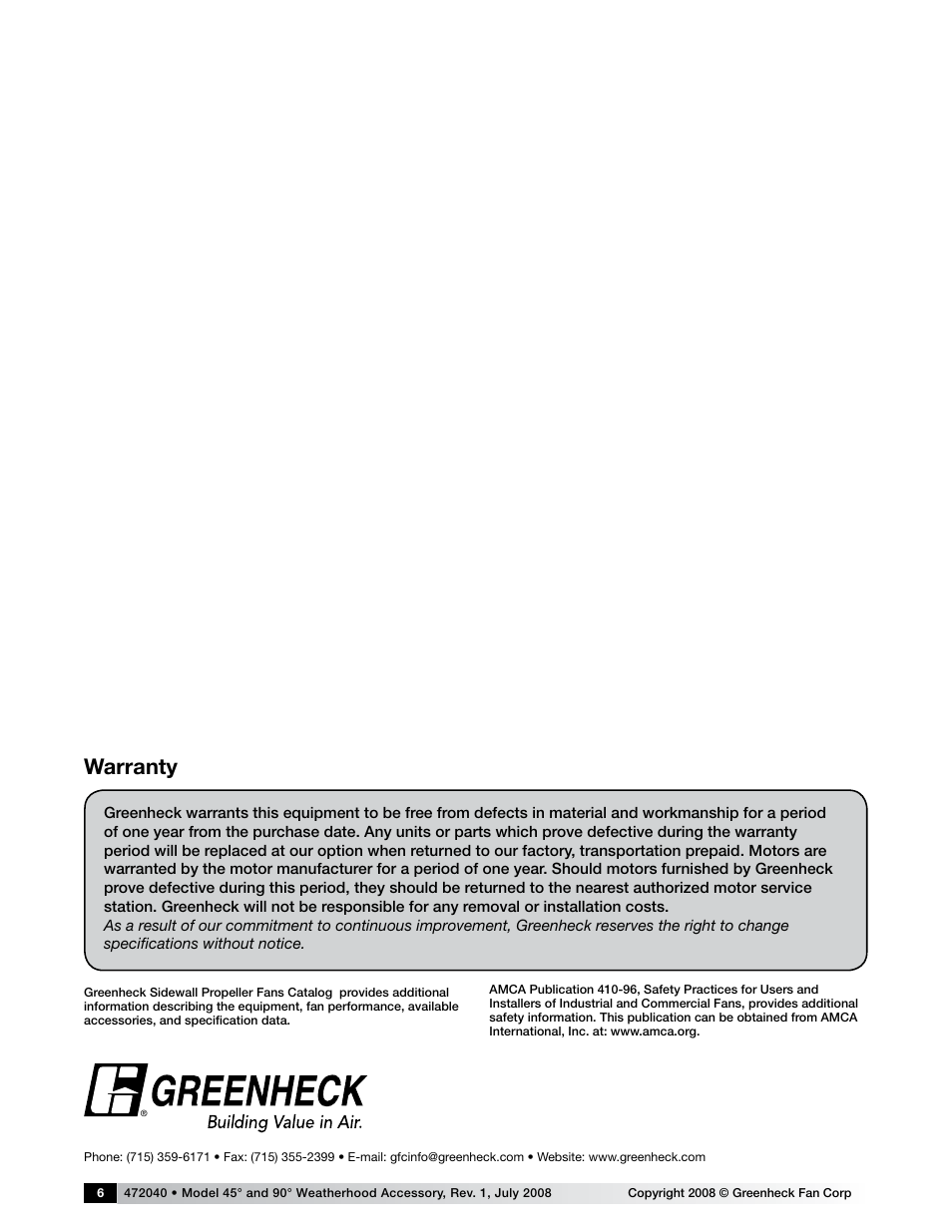 Warranty | Greenheck Weatherhood (472040) User Manual | Page 6 / 6