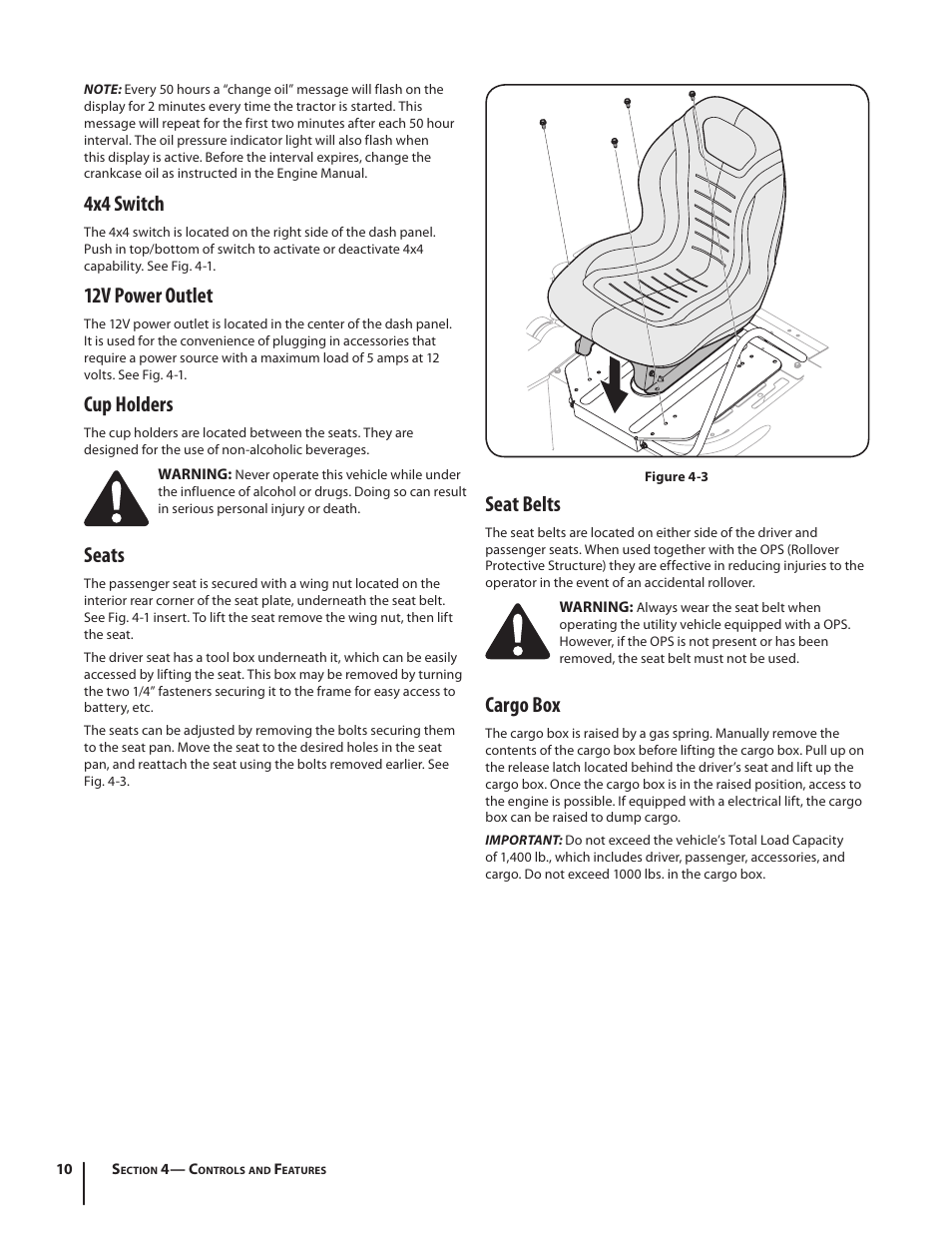 4x4 switch, 12v power outlet, Cup holders | Seats, Seat belts, Cargo box | Cub Cadet M466 User Manual | Page 10 / 28