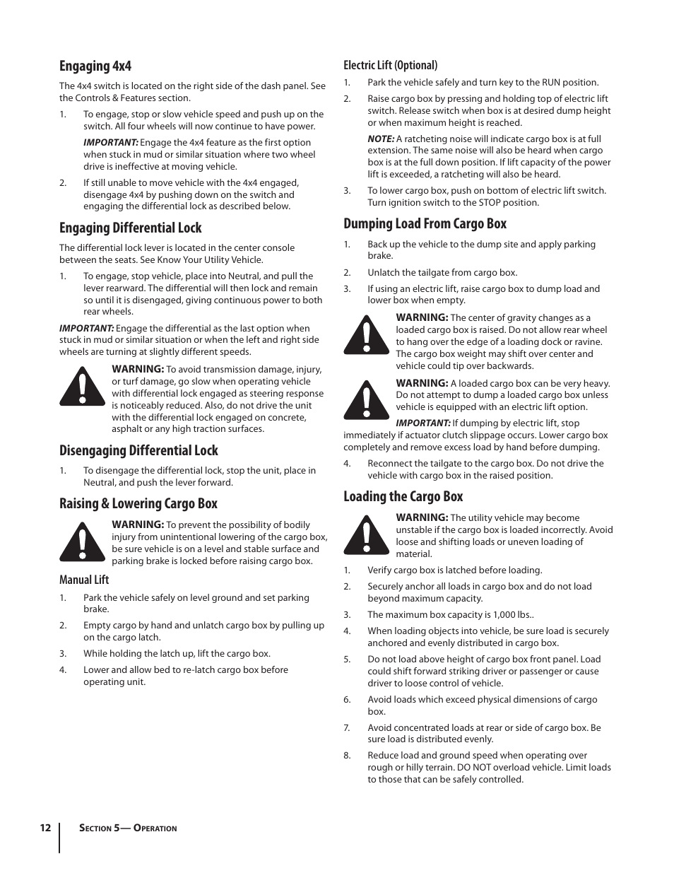 Engaging 4x4, Engaging differential lock, Disengaging differential lock | Raising & lowering cargo box, Dumping load from cargo box, Loading the cargo box, Manual lift, Electric lift (optional) | Cub Cadet M466 User Manual | Page 12 / 28