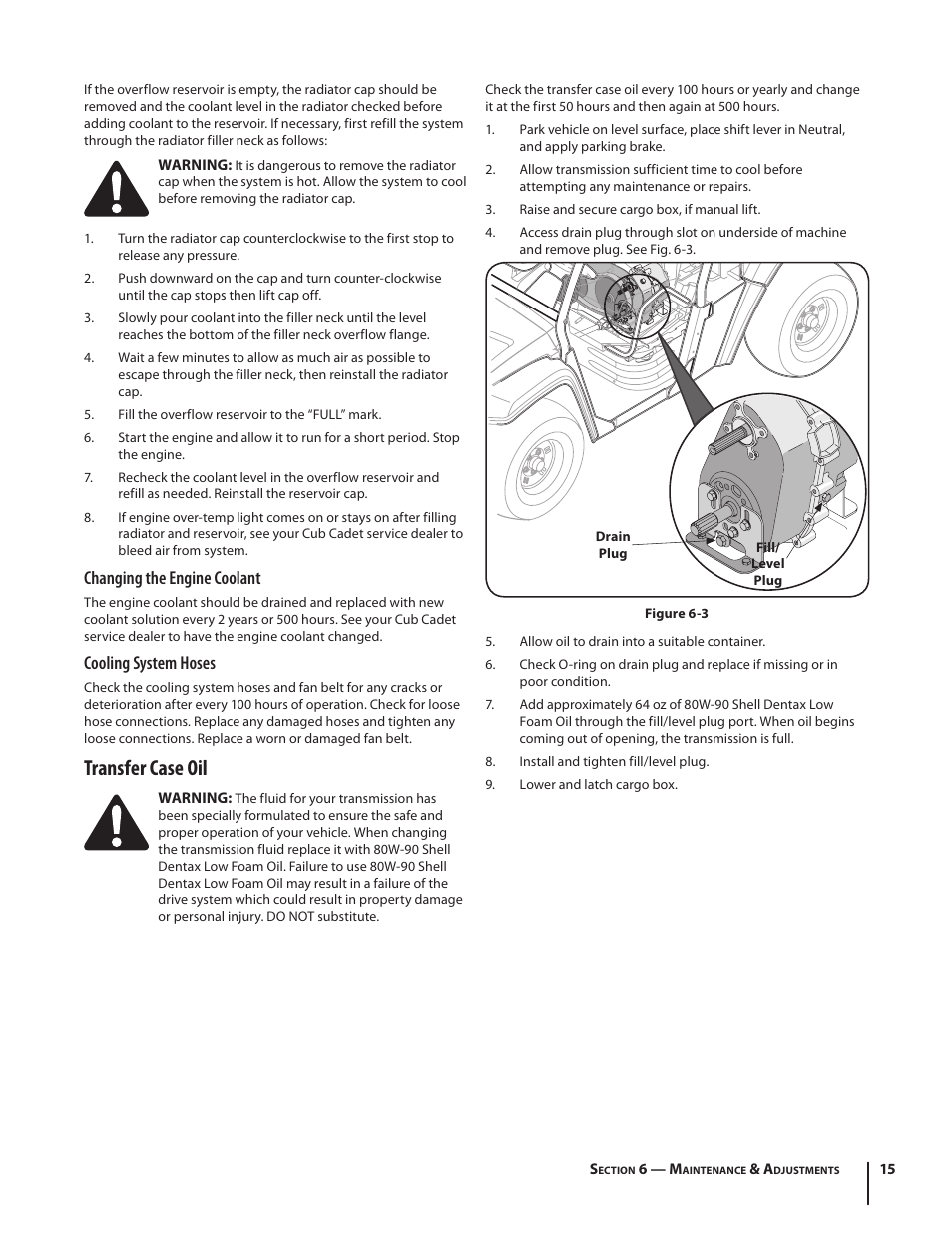 Transfer case oil, Changing the engine coolant, Cooling system hoses | Cub Cadet M466 User Manual | Page 15 / 28