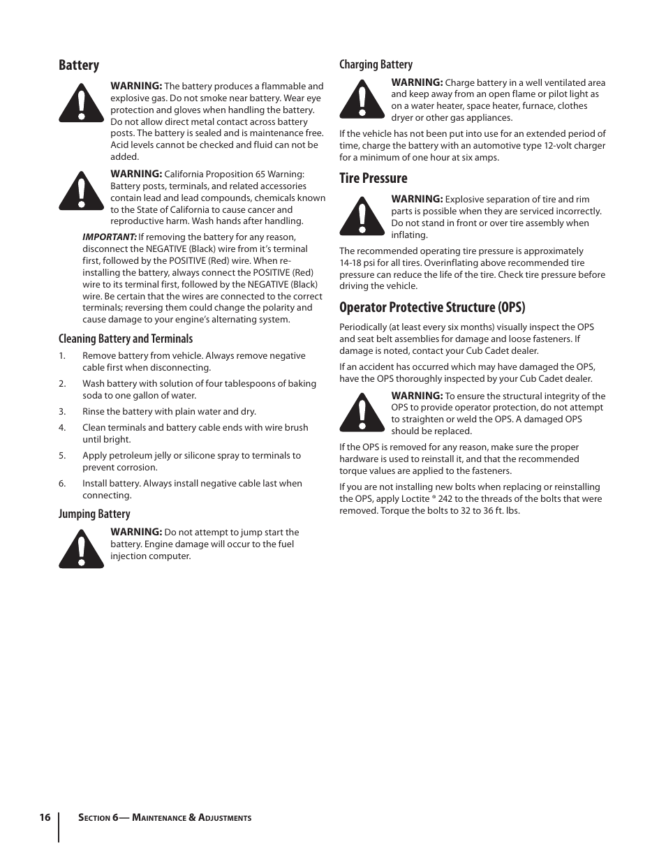 Tire pressure, Operator protective structure (ops), Battery | Charging battery, Cleaning battery and terminals, Jumping battery | Cub Cadet M466 User Manual | Page 16 / 28