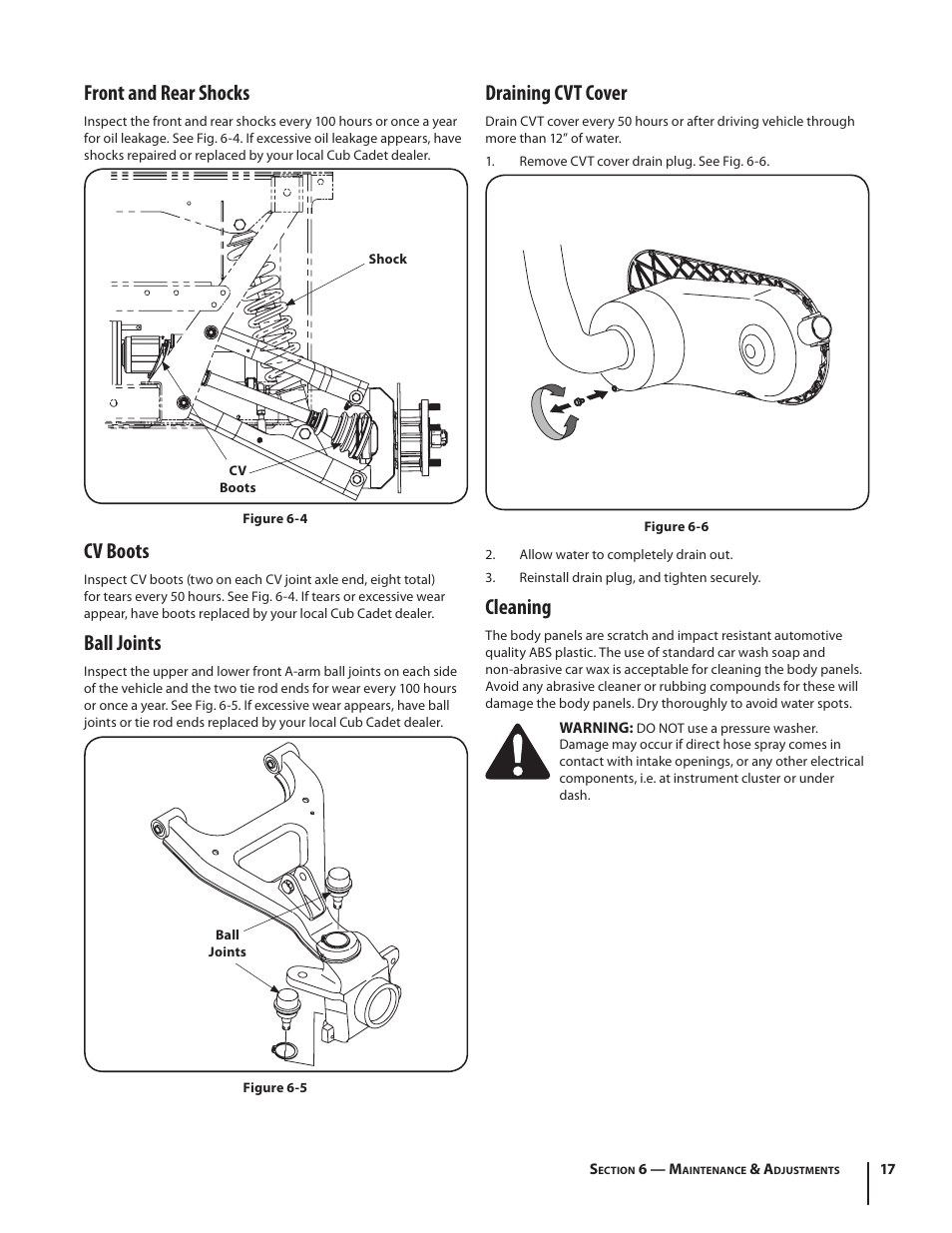 Front and rear shocks, Cv boots, Ball joints | Draining cvt cover, Cleaning | Cub Cadet M466 User Manual | Page 17 / 28