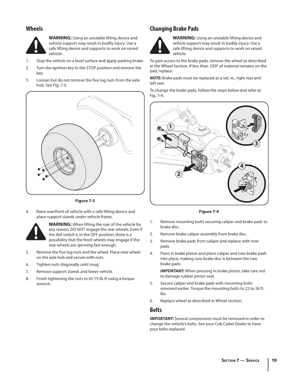 Wheels, Changing brake pads, Belts | Cub Cadet M466 User Manual | Page 19 / 28