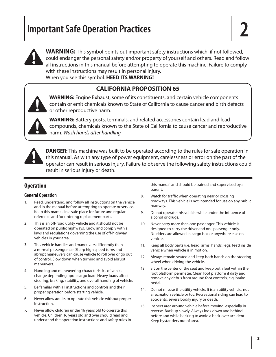 Important safe operation practices, Operation, Warning | California proposition 65 | Cub Cadet M466 User Manual | Page 3 / 28