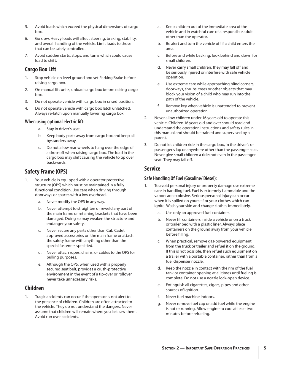 Cargo box lift, Safety frame (ops), Children | Service, When using optional electric lift, Safe handling of fuel (gasoline/ diesel) | Cub Cadet M466 User Manual | Page 5 / 28