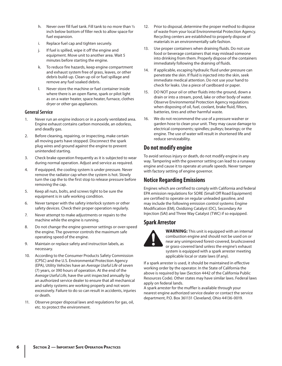 Do not modify engine, Notice regarding emissions, Spark arrestor | General service | Cub Cadet M466 User Manual | Page 6 / 28