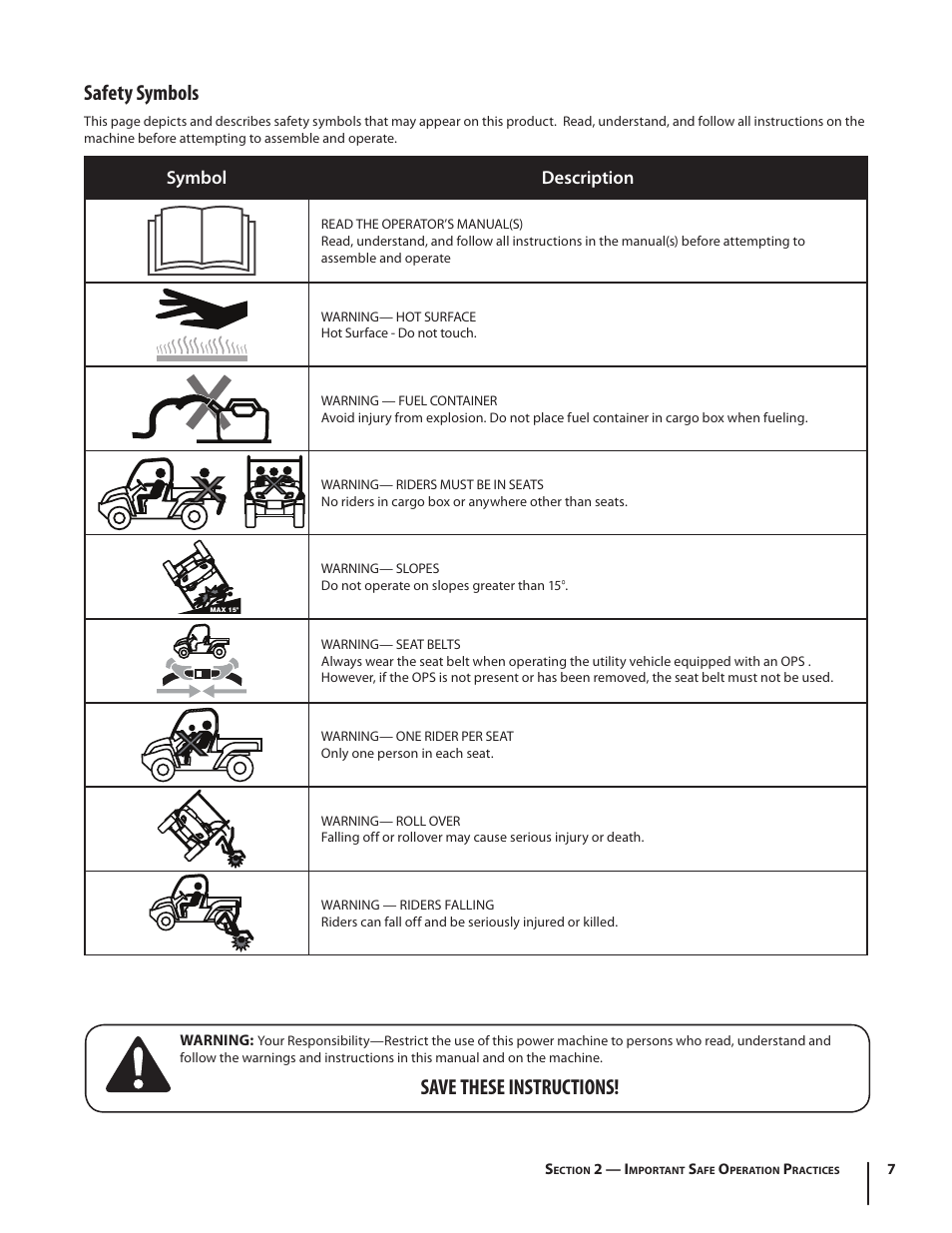 Save these instructions! safety symbols, Symbol description | Cub Cadet M466 User Manual | Page 7 / 28