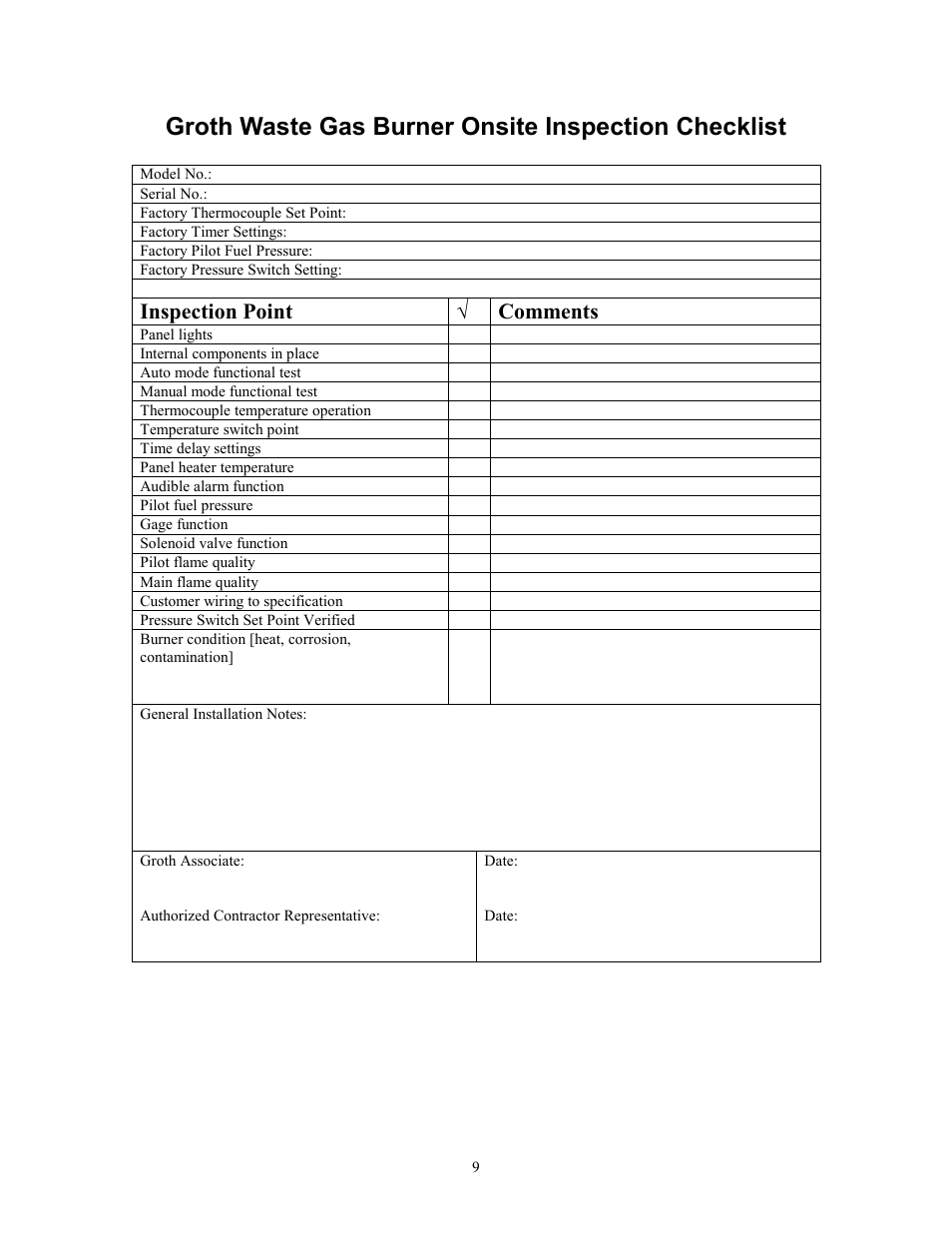 Groth waste gas burner onsite inspection checklist, Inspection point √ comments | Groth 8391B User Manual | Page 10 / 18