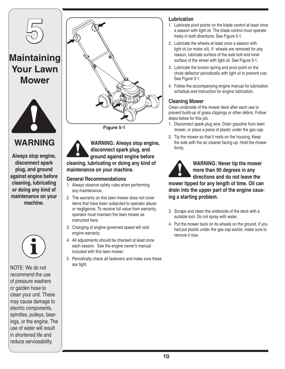 Maintaining your lawn mower, Warning | Cub Cadet 109 User Manual | Page 10 / 16