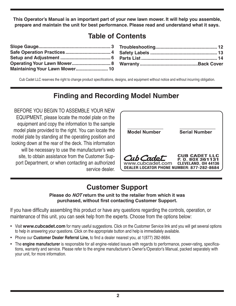 Customer support | Cub Cadet 109 User Manual | Page 2 / 16