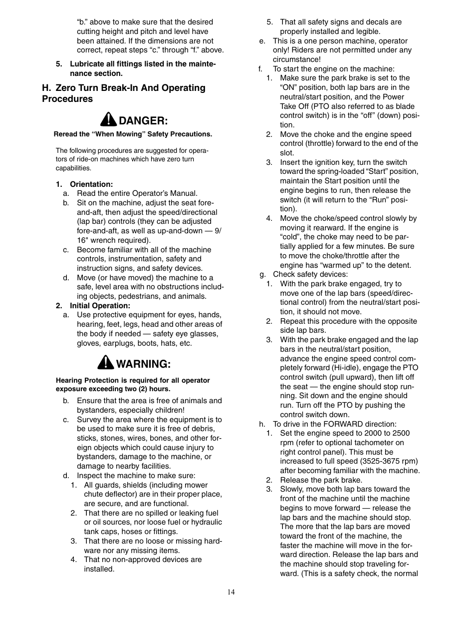 Danger, Warning | Cub Cadet 19HP Enforcer 44 User Manual | Page 14 / 32