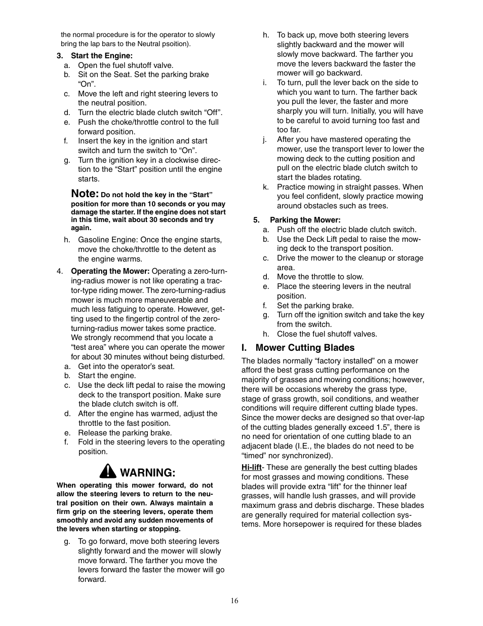 Warning | Cub Cadet 19HP Enforcer 44 User Manual | Page 16 / 32