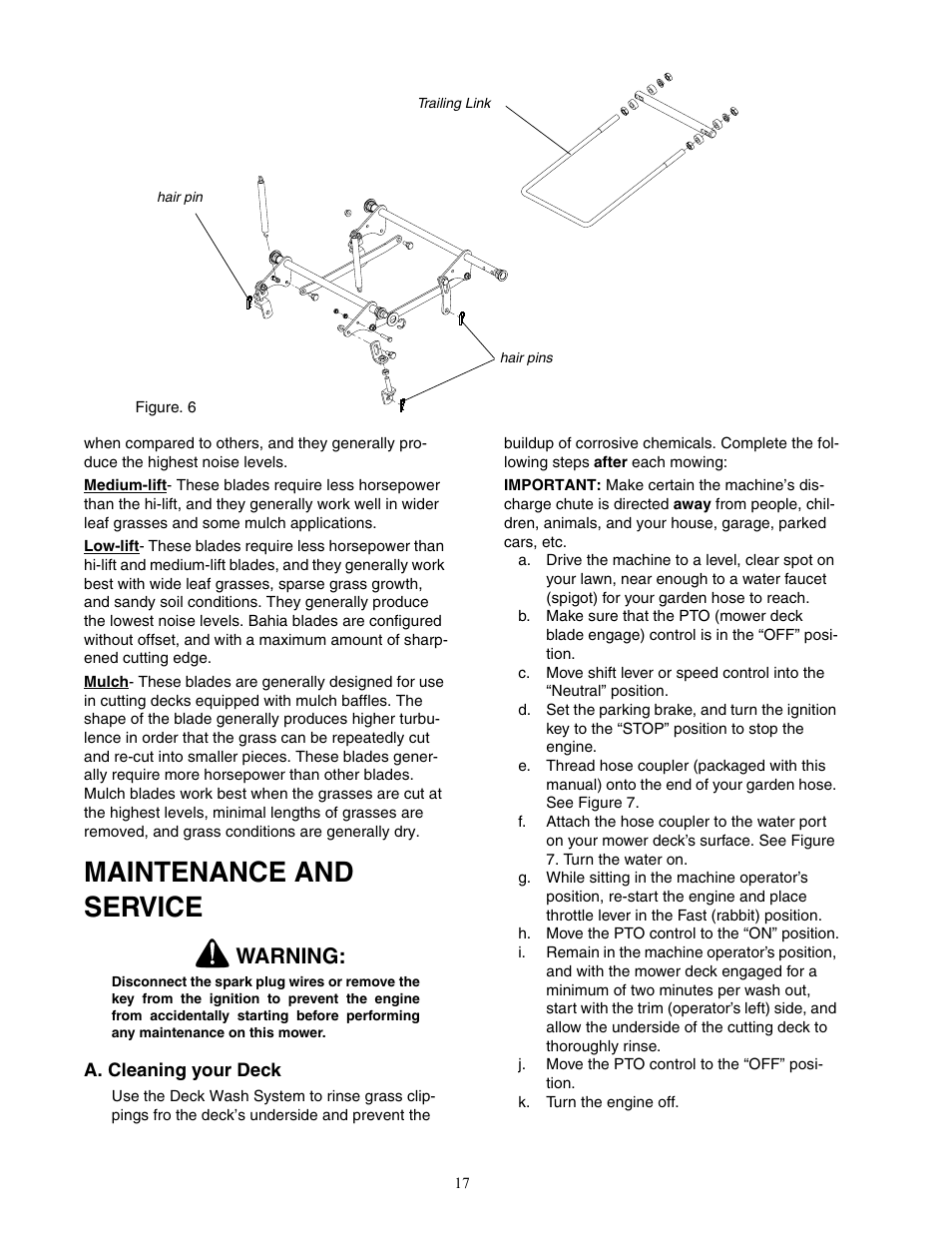 Maintenance and service, Warning | Cub Cadet 19HP Enforcer 44 User Manual | Page 17 / 32