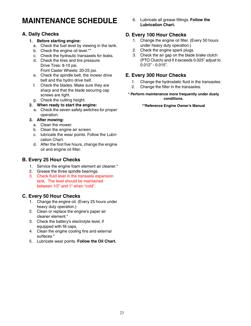 Maintenance schedule | Cub Cadet 19HP Enforcer 44 User Manual | Page 23 / 32