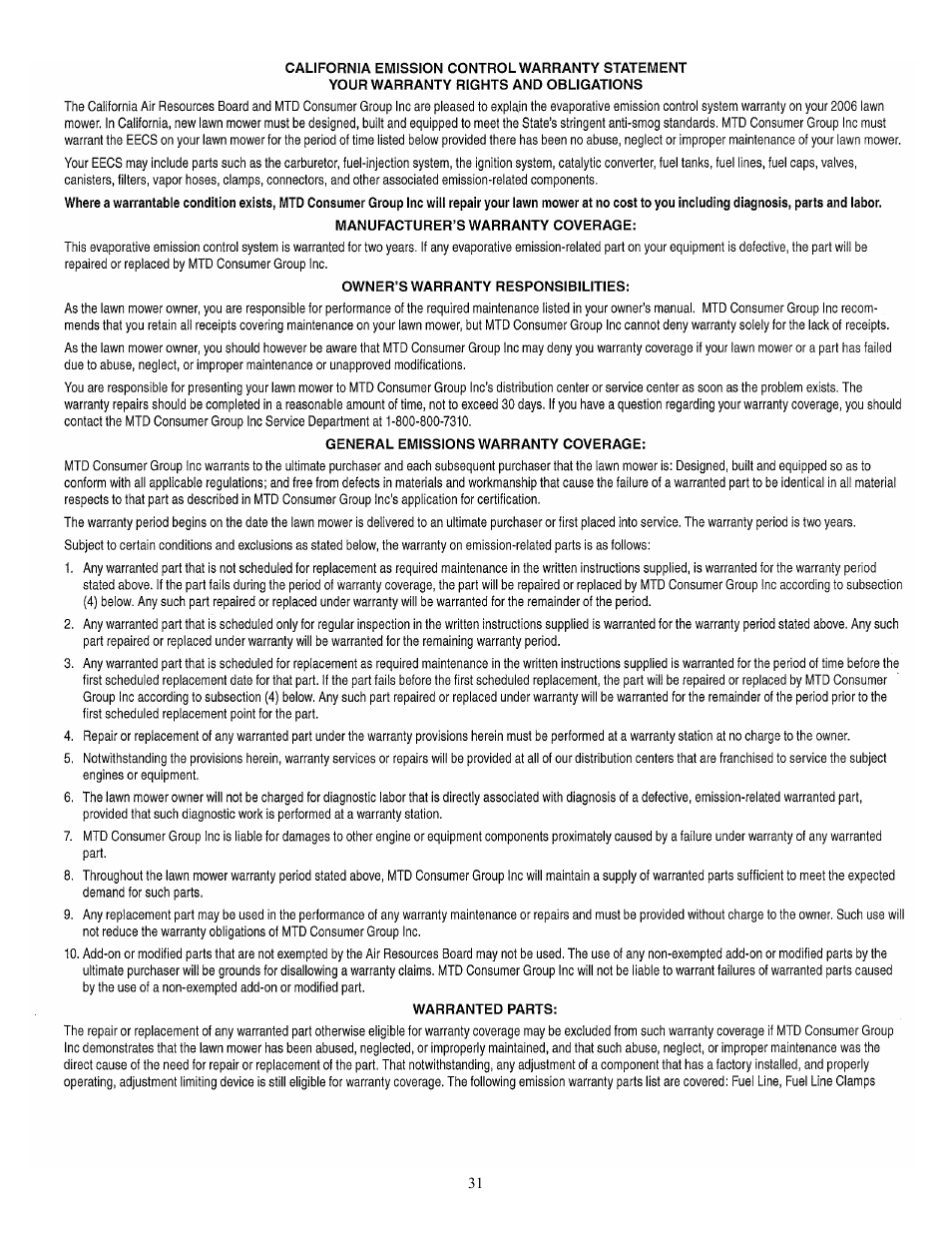 Cub Cadet 19HP Enforcer 44 User Manual | Page 31 / 32