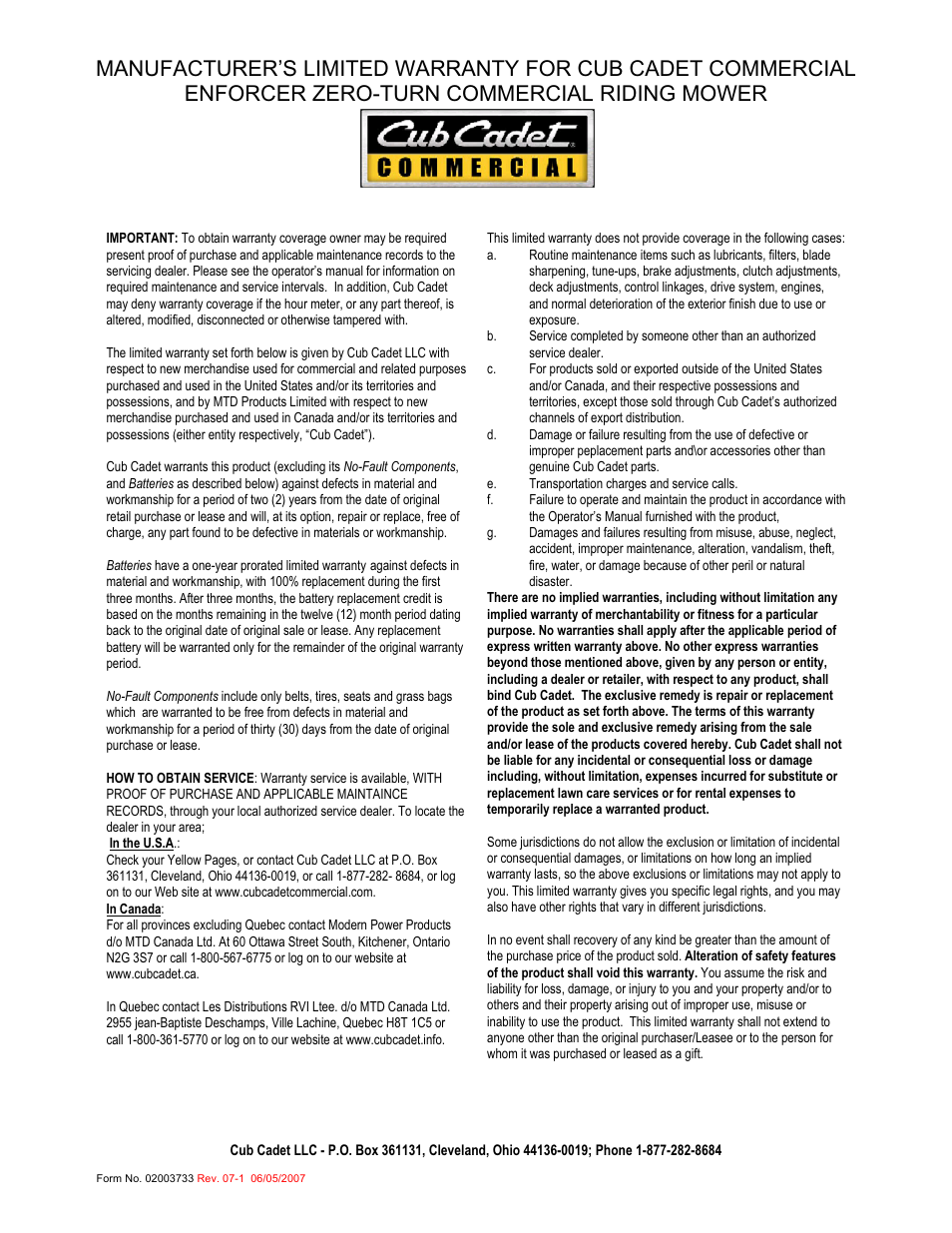 Cub Cadet 19HP Enforcer 44 User Manual | Page 32 / 32