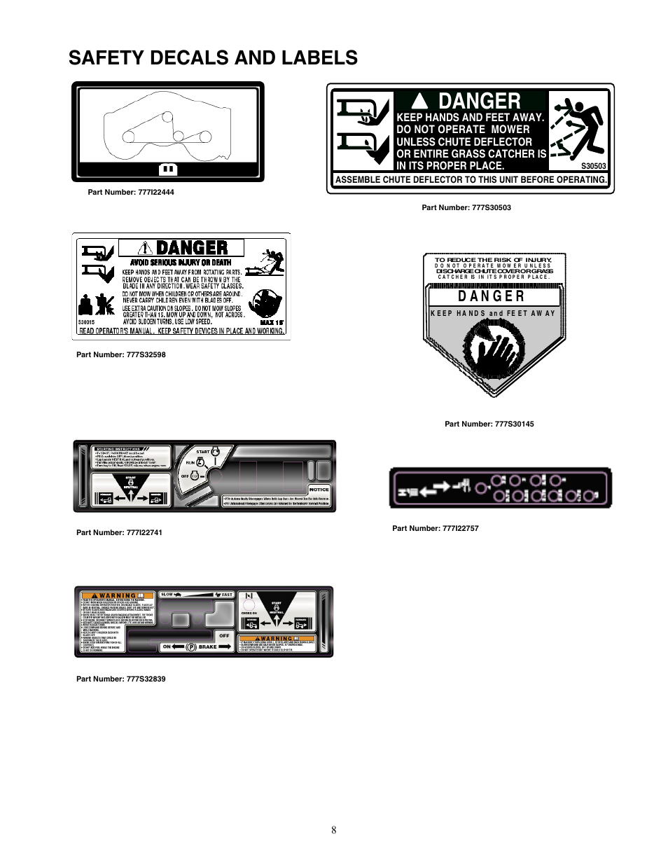 Danger, Safety decals and labels | Cub Cadet 19HP Enforcer 44 User Manual | Page 8 / 32