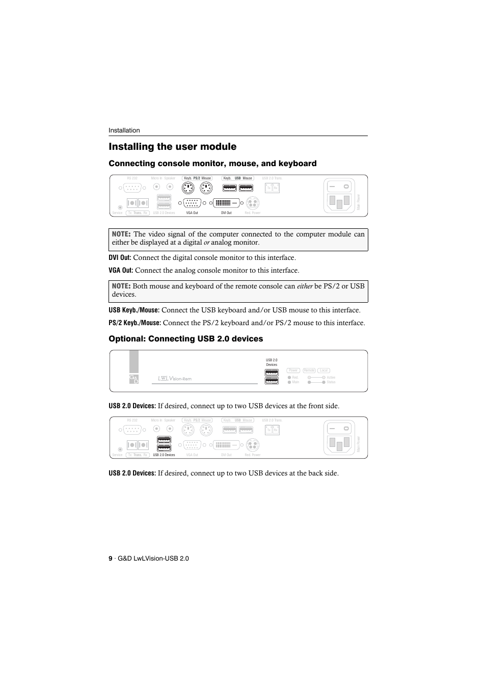 Installing the user module, Connecting console monitor, mouse, and keyboard, Optional: connecting usb 2.0 devices | Dvi out, Vga out, Usb keyb./mouse, Ps/2 keyb./mouse, Usb 2.0 devices | Guntermann & Drunck LwLVision-USB 2.0 User Manual | Page 12 / 24