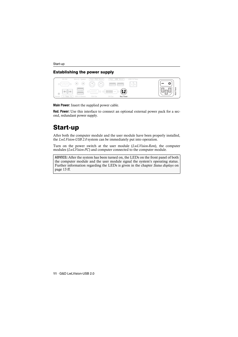 Establishing the power supply, Start-up, Insert the supplied power cable | Guntermann & Drunck LwLVision-USB 2.0 User Manual | Page 14 / 24