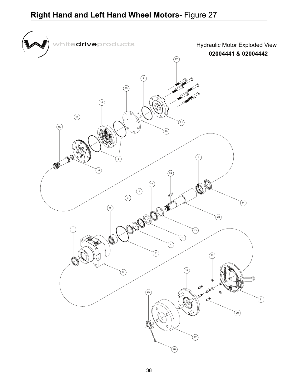 Right hand and left hand wheel motors, Figure 27, Hydraulic motor exploded view | White drive products | Cub Cadet 53AI8CT8050 User Manual | Page 38 / 48