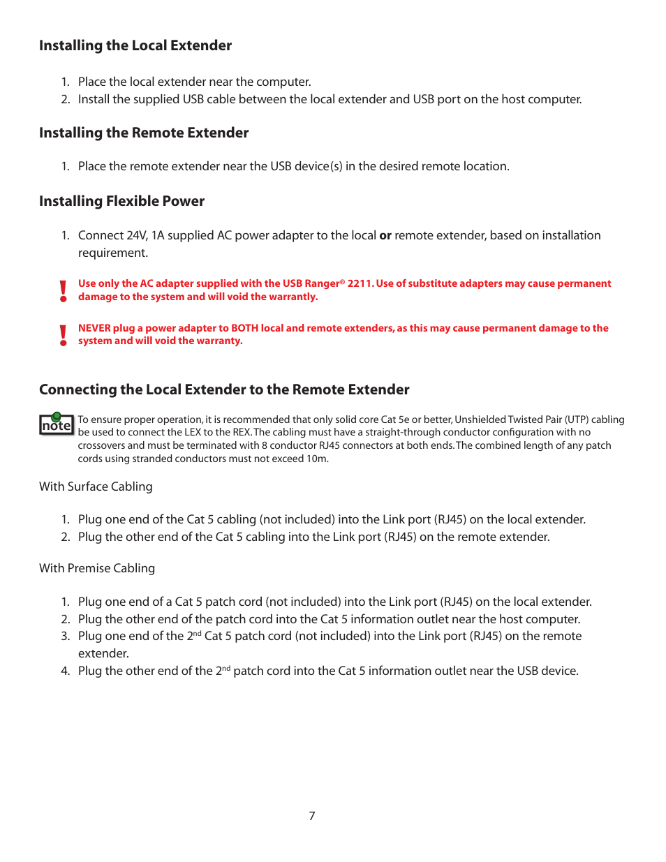 Installing the local extender, Installing the remote extender, Installing flexible power | Guntermann & Drunck USB Ranger 2211 User Manual | Page 8 / 16