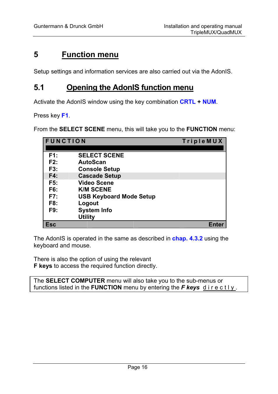 5function menu, 1 opening the adonis function menu | Guntermann & Drunck TripleMUX User Manual | Page 16 / 40