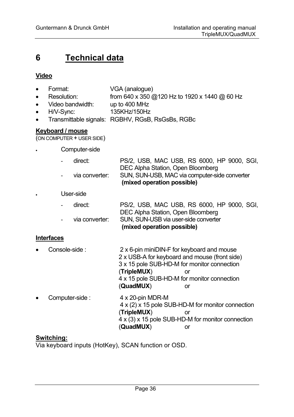 6technical data | Guntermann & Drunck TripleMUX User Manual | Page 36 / 40