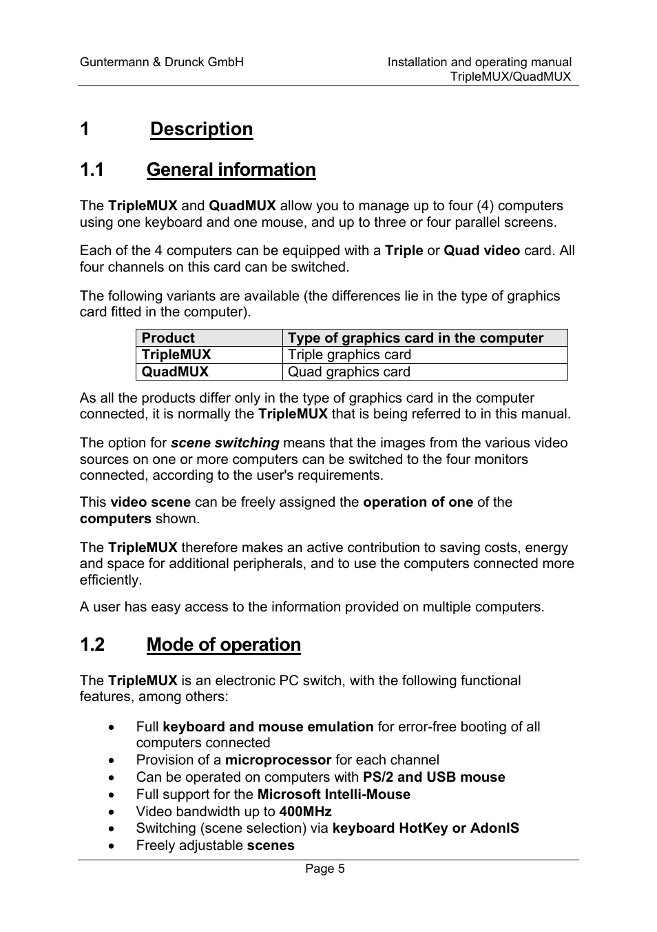 1description 1.1 general information, 2 mode of operation | Guntermann & Drunck TripleMUX User Manual | Page 5 / 40