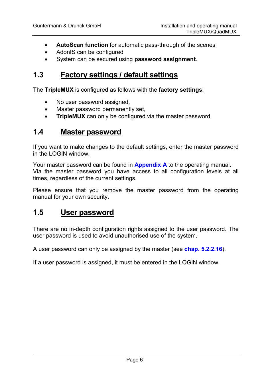 3 factory settings / default settings, 4 master password, 5 user password | Guntermann & Drunck TripleMUX User Manual | Page 6 / 40