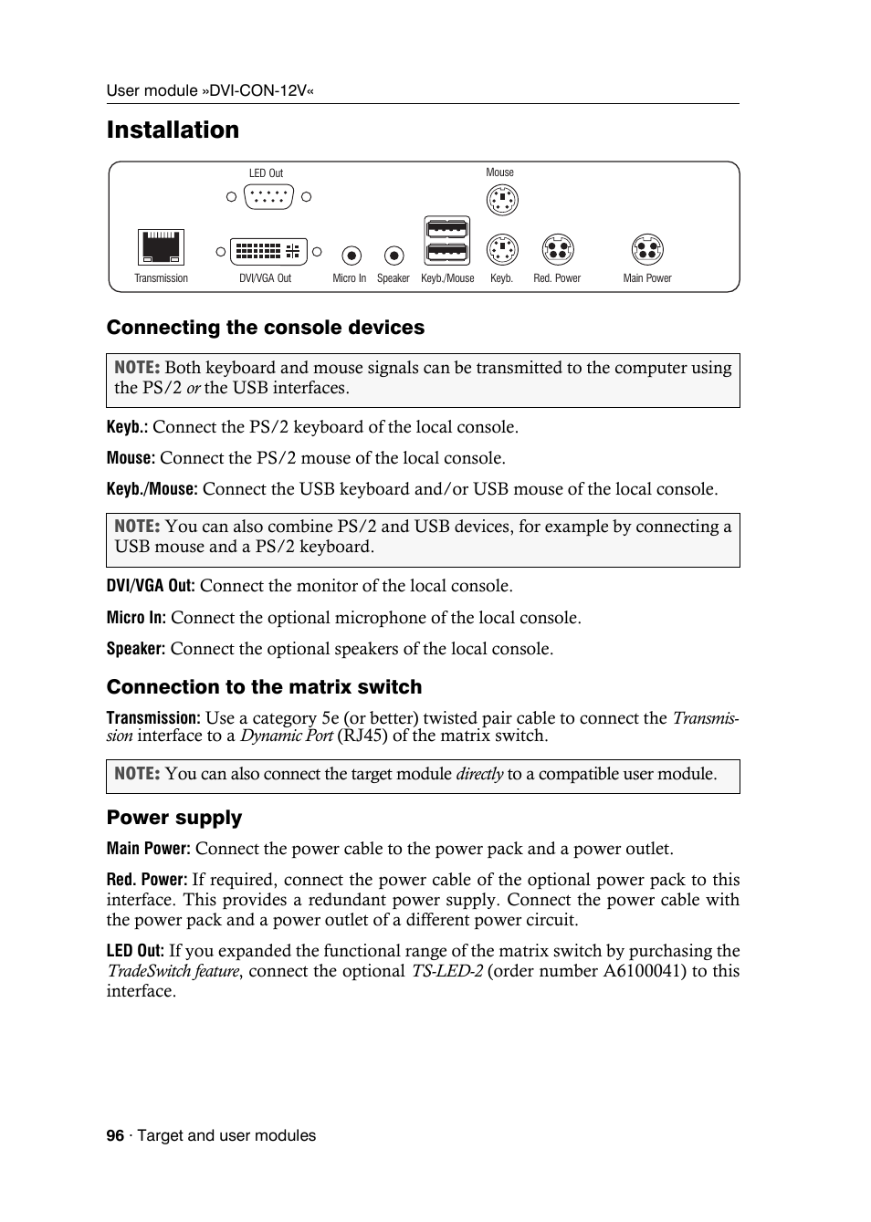 Installation, Connection to the matrix switch, Power supply | Guntermann & Drunck DVICenter DP16 Target Modules and User Modules - Standard Variants User Manual | Page 100 / 124
