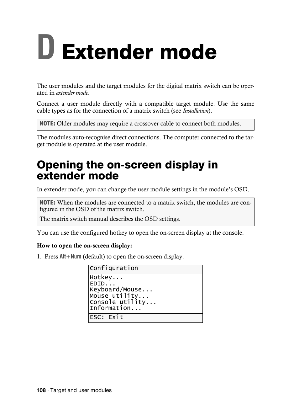 Extender mode, Opening the on-screen display in extender mode, Chapter 4: extender mode | Guntermann & Drunck DVICenter DP16 Target Modules and User Modules - Standard Variants User Manual | Page 112 / 124