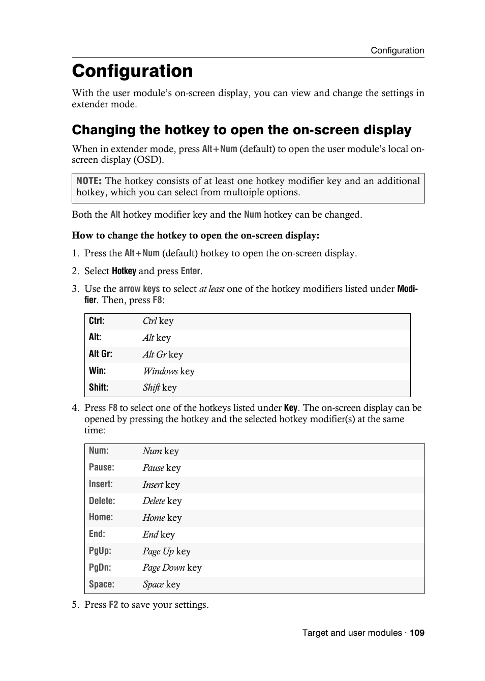 Configuration, Changing the hotkey to open the on-screen display | Guntermann & Drunck DVICenter DP16 Target Modules and User Modules - Standard Variants User Manual | Page 113 / 124