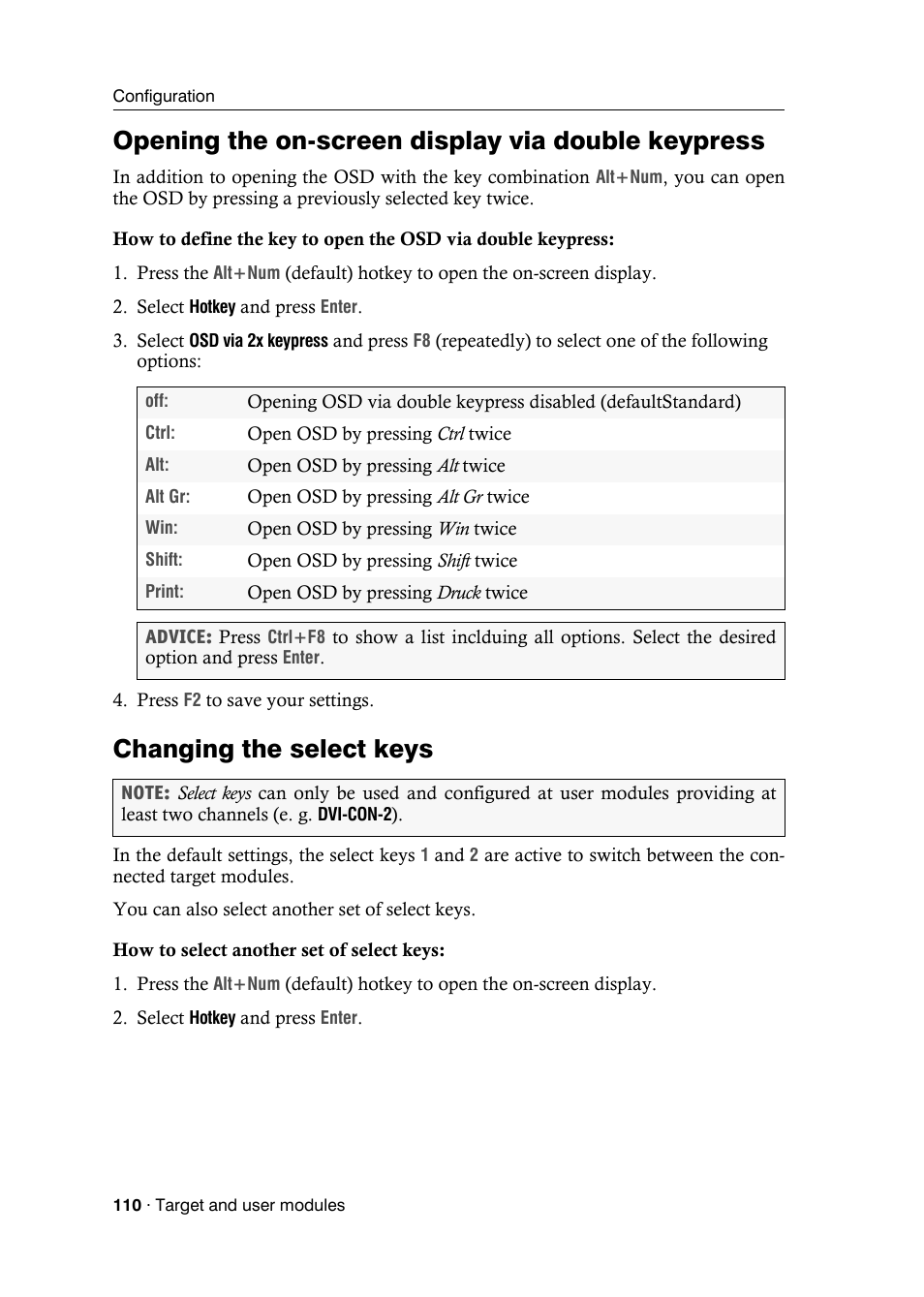 Opening the on-screen display via double keypress, Changing the select keys | Guntermann & Drunck DVICenter DP16 Target Modules and User Modules - Standard Variants User Manual | Page 114 / 124