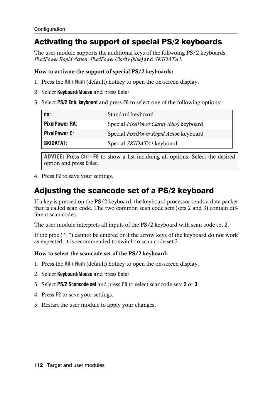 Activating the support of special ps/2 keyboards, Adjusting the scancode set of a ps/2 keyboard | Guntermann & Drunck DVICenter DP16 Target Modules and User Modules - Standard Variants User Manual | Page 116 / 124