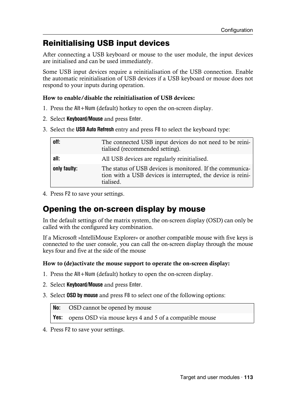 Reinitialising usb input devices, Opening the on-screen display by mouse | Guntermann & Drunck DVICenter DP16 Target Modules and User Modules - Standard Variants User Manual | Page 117 / 124