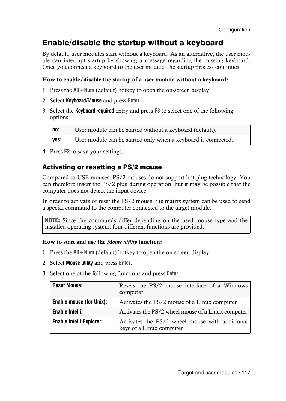 Enable/disable the startup without a keyboard, Activating or resetting a ps/2 mouse | Guntermann & Drunck DVICenter DP16 Target Modules and User Modules - Standard Variants User Manual | Page 121 / 124