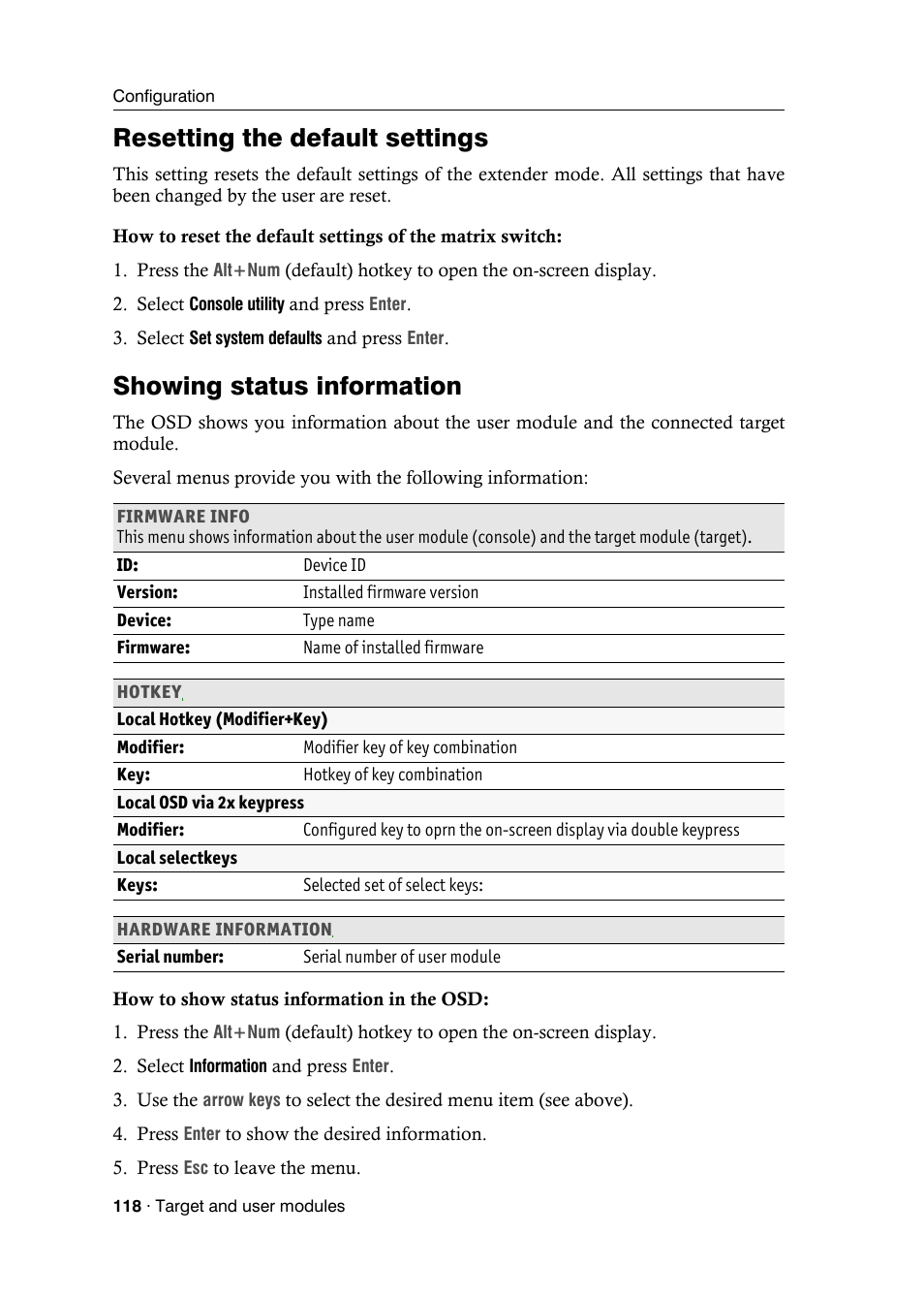 Resetting the default settings, Showing status information | Guntermann & Drunck DVICenter DP16 Target Modules and User Modules - Standard Variants User Manual | Page 122 / 124