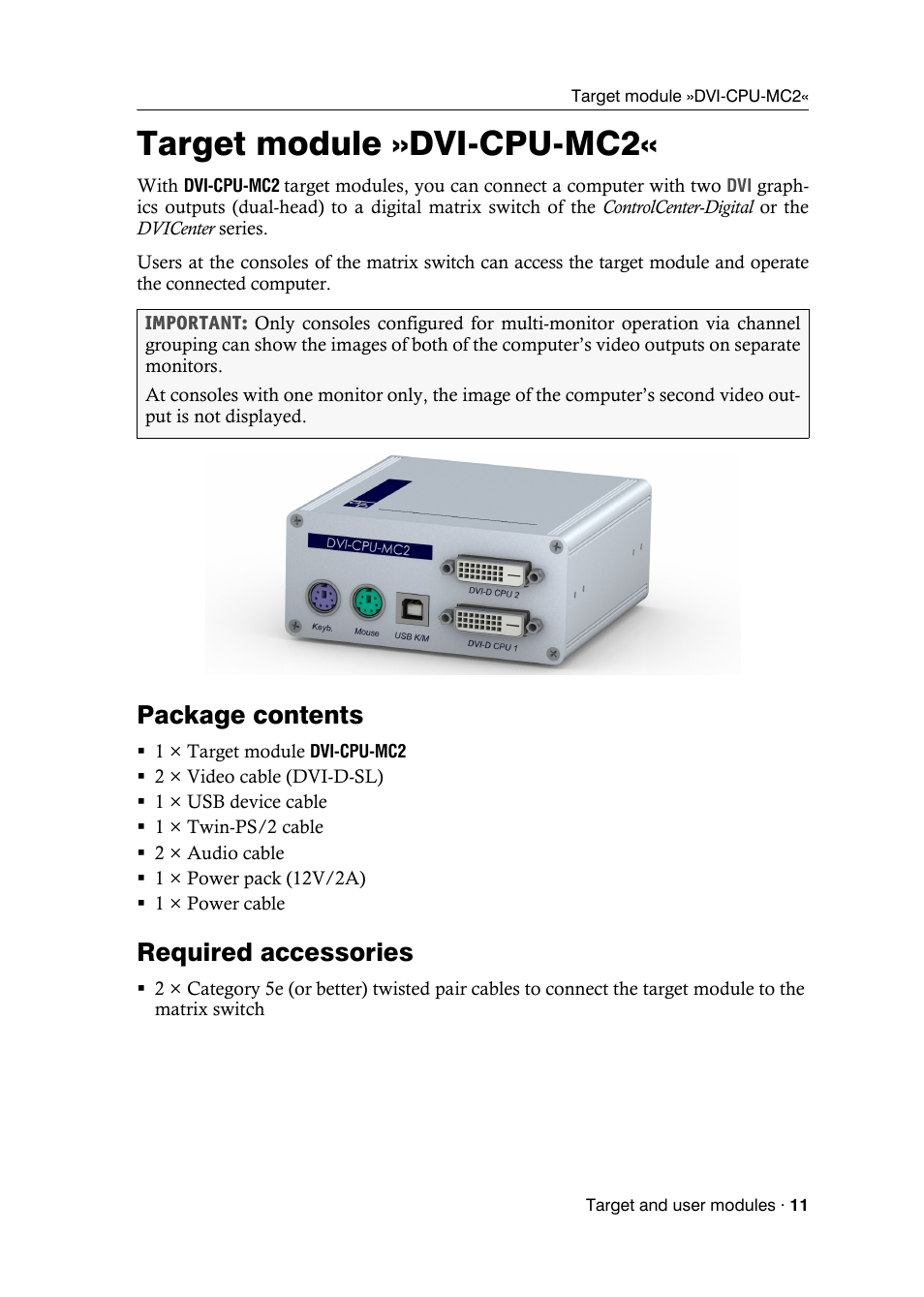 Target module »dvi-cpu-mc2, Package contents, Required accessories | Guntermann & Drunck DVICenter DP16 Target Modules and User Modules - Standard Variants User Manual | Page 15 / 124