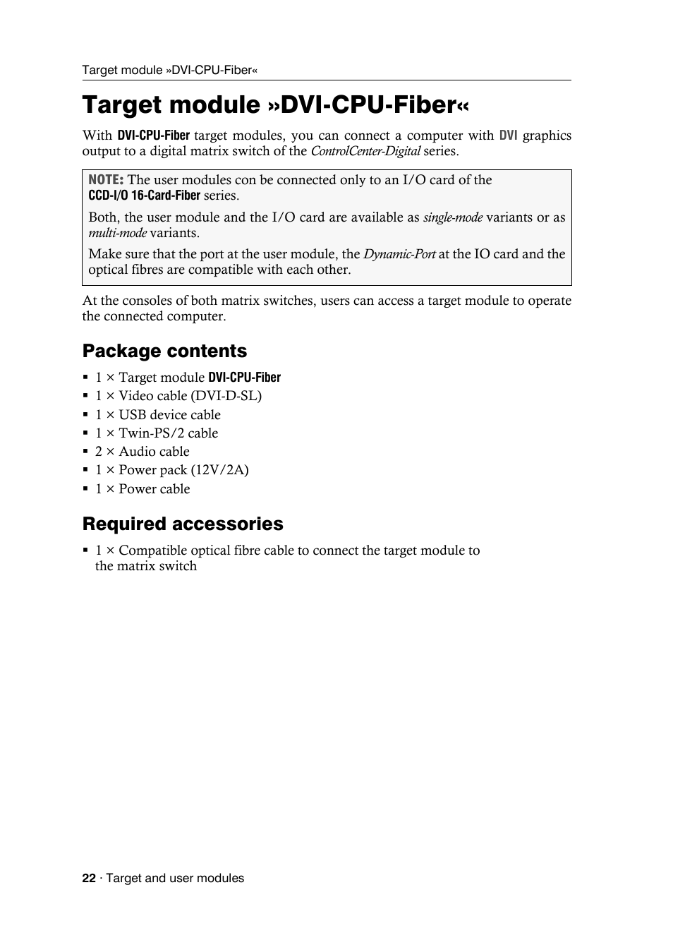 Target module »dvi-cpu-fiber, Package contents, Required accessories | Guntermann & Drunck DVICenter DP16 Target Modules and User Modules - Standard Variants User Manual | Page 26 / 124