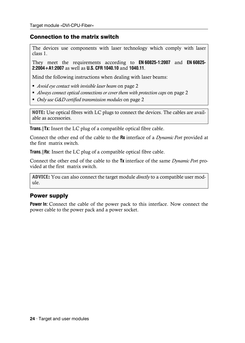 Connection to the matrix switch, Power supply | Guntermann & Drunck DVICenter DP16 Target Modules and User Modules - Standard Variants User Manual | Page 28 / 124