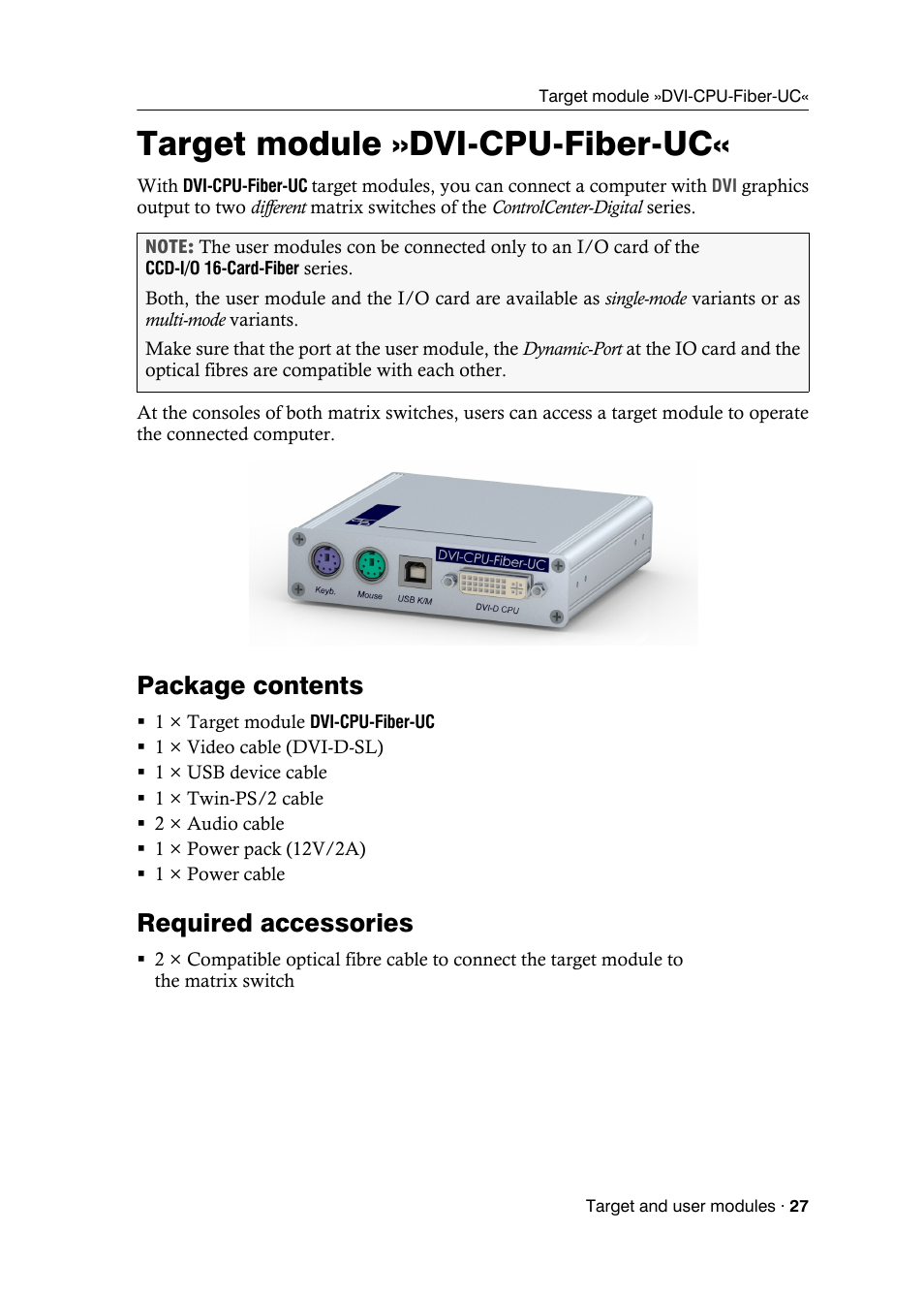 Target module »dvi-cpu-fiber-uc, Package contents, Required accessories | Guntermann & Drunck DVICenter DP16 Target Modules and User Modules - Standard Variants User Manual | Page 31 / 124