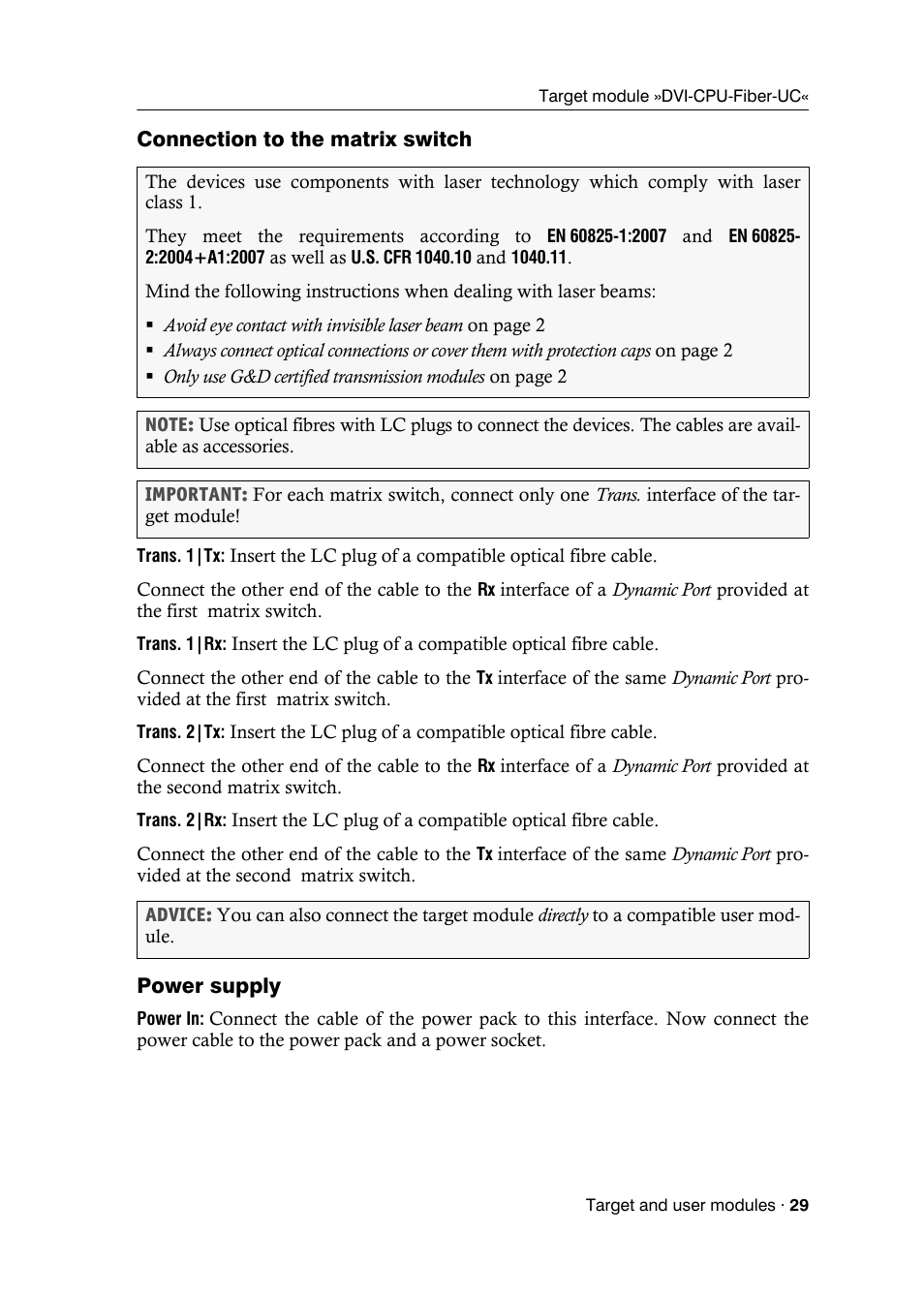 Connection to the matrix switch, Power supply | Guntermann & Drunck DVICenter DP16 Target Modules and User Modules - Standard Variants User Manual | Page 33 / 124