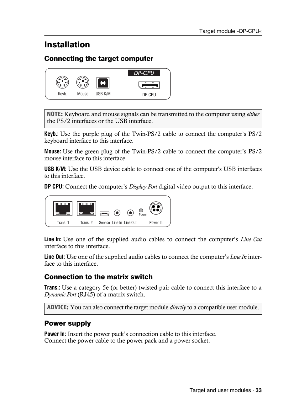 Installation, Connecting the target computer, Connection to the matrix switch | Power supply | Guntermann & Drunck DVICenter DP16 Target Modules and User Modules - Standard Variants User Manual | Page 37 / 124